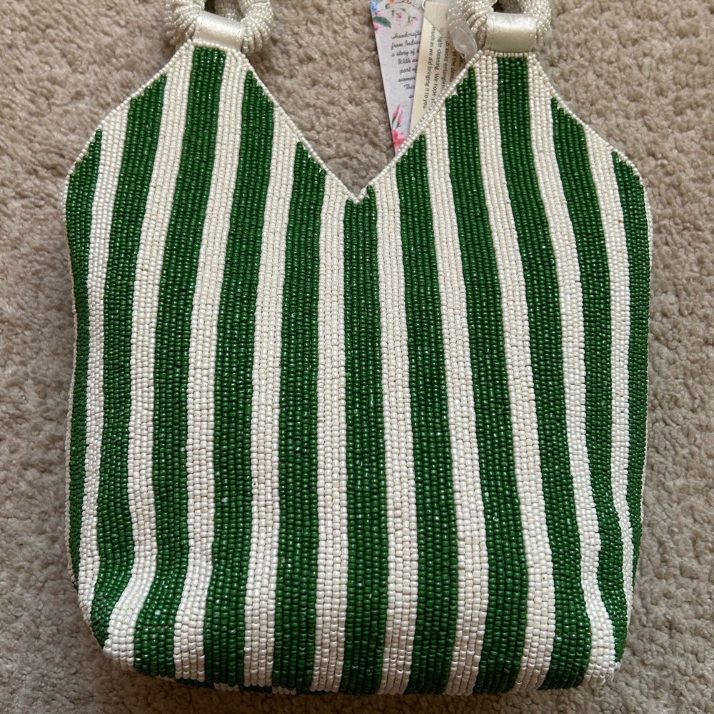 💜SOLD💜Handcrafted In India Beaded Martini Double Handle Satchel Green/White - Picture 6 of 11